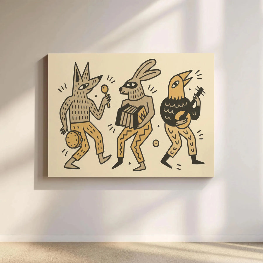 Folk Art Animal Band Canvas Print | Whimsical Fox Rabbit Bird Music Decor | Gallery Quality 1.25-inch Profile | Unique Living Room Wall Art Gift