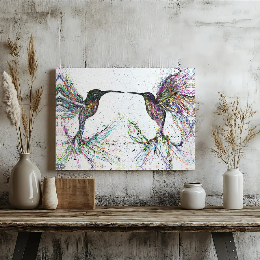 Abstract Hummingbird Canvas Wall Art | Colorful Kissing Hummingbirds Art | Premium Gallery Wrapped Canvas | Modern Living Room Decor Gift for Bird Lovers