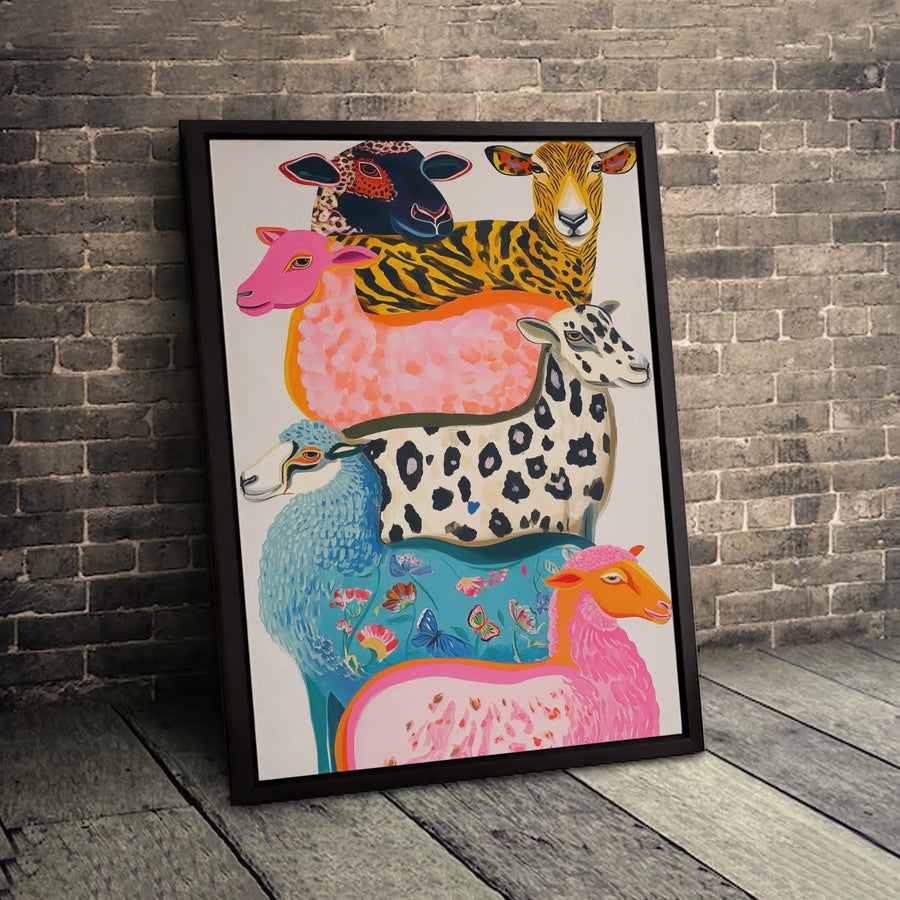 Stacked Sheep Wall Art | Colorful Farm Animal Canvas Print | Premium Gallery Wrapped Decor | Whimsical Nursery or Office Gift