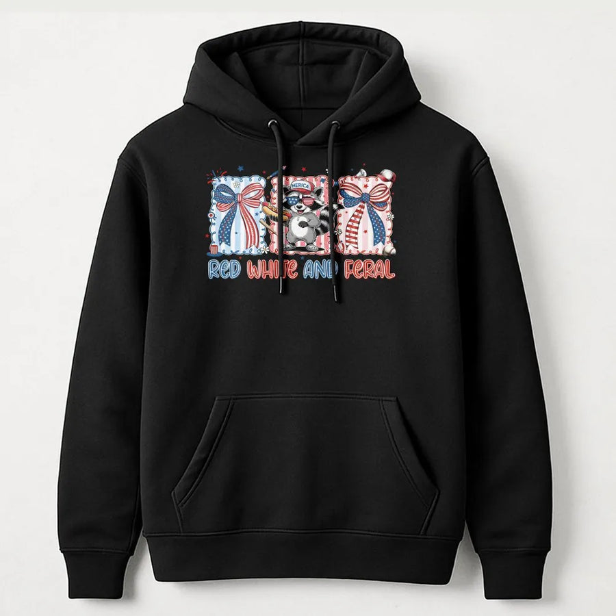 Red White and Feral Raccoon Hoodie | Funny USA Independence Day Graphic Tee | Soft Breathable Cotton | Patriotic Animal Lover Gift