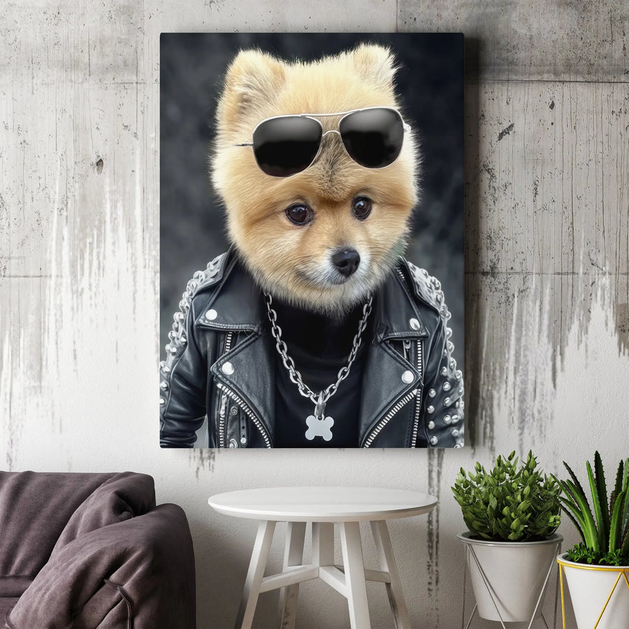 Pomeranian Dog Canvas Wall Art | Cool Rockstar Pup in Leather Jacket | Premium Gallery Wrap Decor | Unique Pet Lover Gift for Office or Home