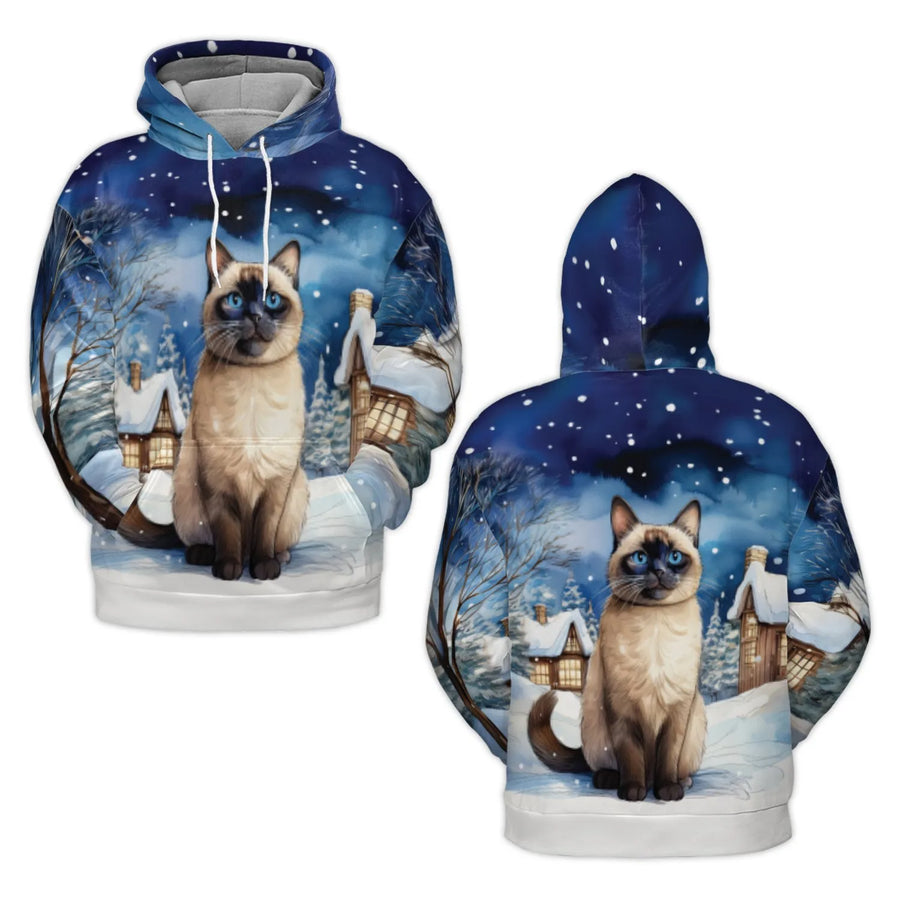 Siamese Cat 3D Hoodie | Snowy Winter Village Graphic Print | Premium Brushed Fleece Pullover | Unisex Holiday Gift for Cat Lovers