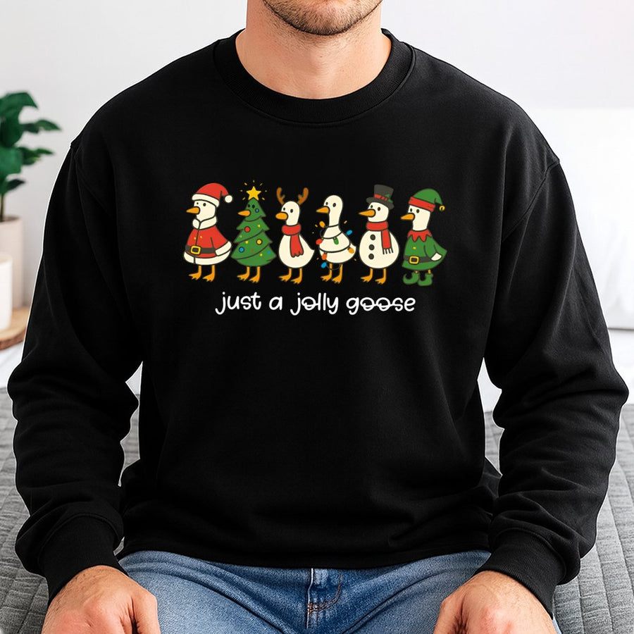 Jolly Goose Christmas Sweatshirt | Funny Silly Duck Holiday Graphic | Soft Cotton-Blend Unisex Crewneck | Cute Xmas Animal Lover Gift