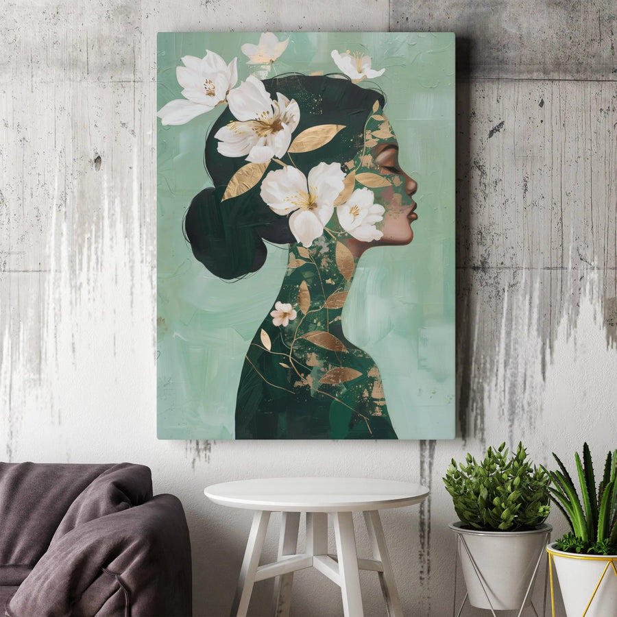 Black Woman Floral Vertical Canvas | Modern Botanical Portrait with Gold Accents | Premium Thick Gallery Wrap | Living Room Wall Art Gift for Her