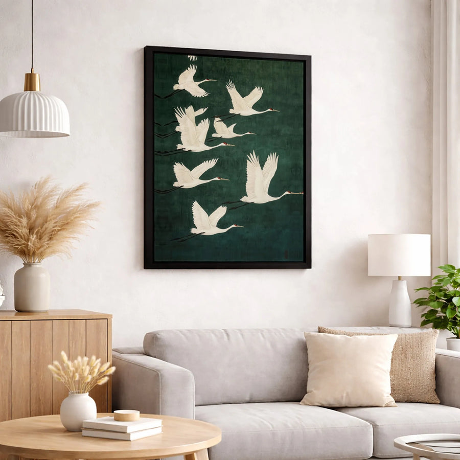 Japanese Crane Wall Art | Minimalist Flying Bird Canvas Print | Premium Gallery-Wrapped Decor | Elegant Zen Home Office Gift