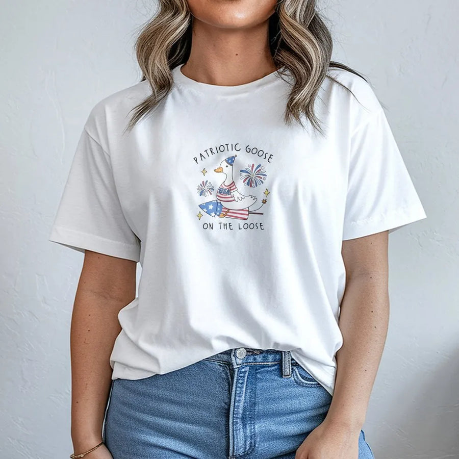 Patriotic Goose on the Loose T-Shirt | Funny Firequacker USA Design | Cozy Cotton Blend | 4th of July Party Gift for Men & Women