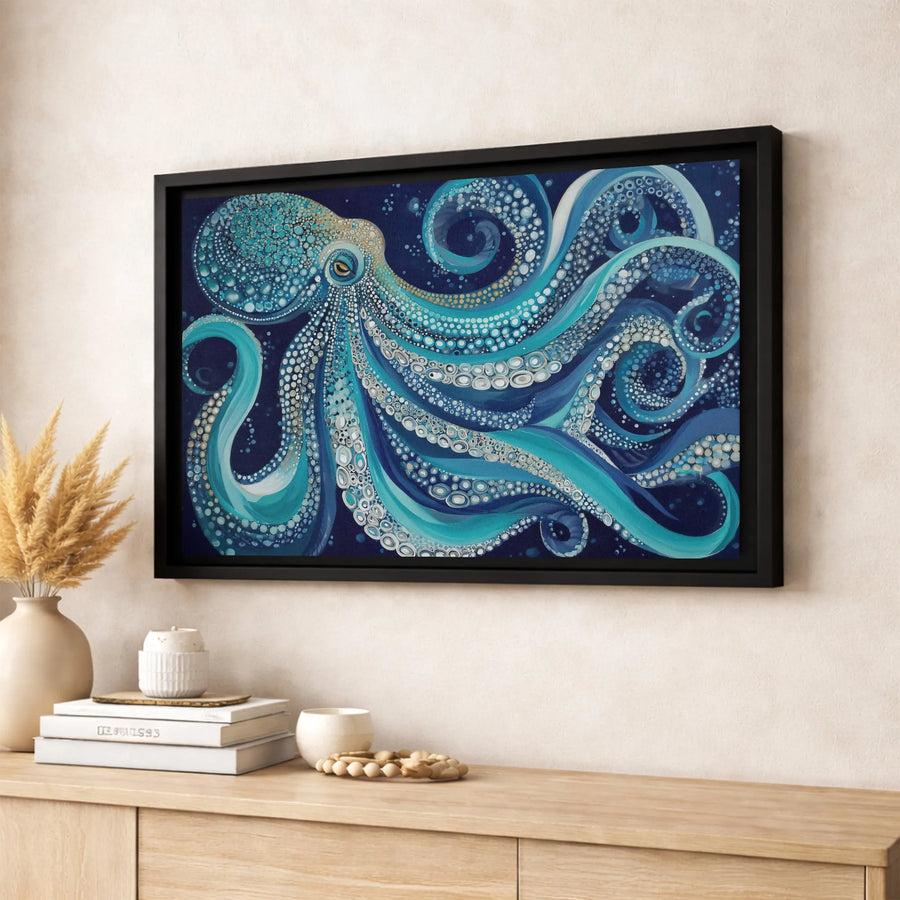 Blue Octopus Canvas Wall Art | Dot Mandala Nautical Design | Premium Fade-Resistant Print | Coastal Home Decor Gift