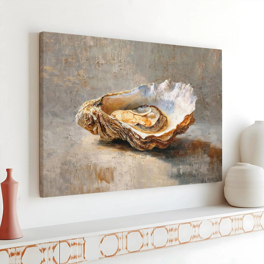 Oyster Canvas Wall Art | Textured Oil Painting Style Print | Premium Gallery Wrapped Canvas | Nautical Home Decor Gift for Kitchen