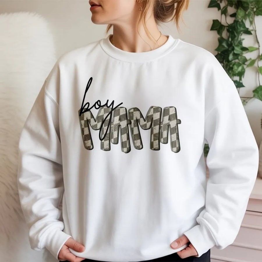 Boy Mama Sweatshirt | Retro Checkered Graphic Crewneck | Premium Cotton Blend | Mothers Day Gift for Mom of Boys