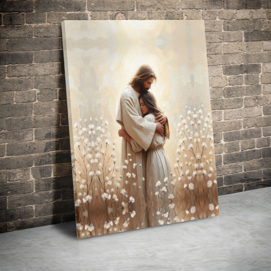 Jesus Christ Embracing Woman Canvas Art | Religious Wall Decor | Premium Fade-Resistant Print | Spiritual Gift for Home or Church