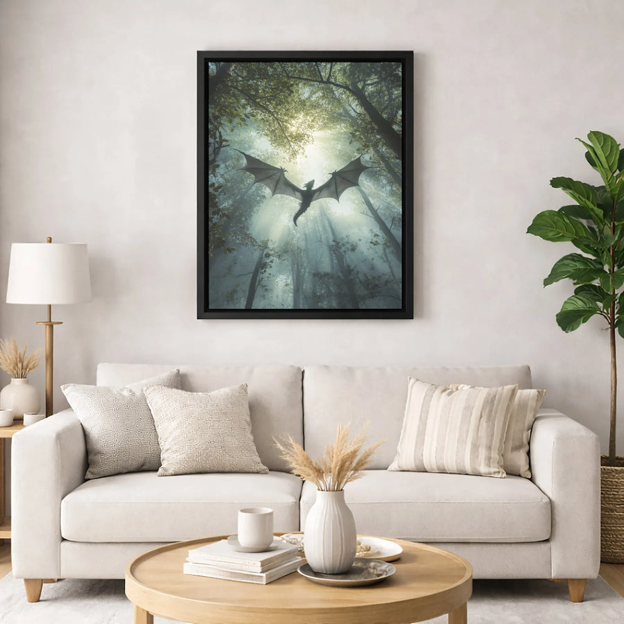 Dragon Canvas Wall Art | Mystical Forest Sunlit Flying Creature Print | Premium 1.25" Gallery Wrapped Decor | Fantasy Gift for Bedroom Office