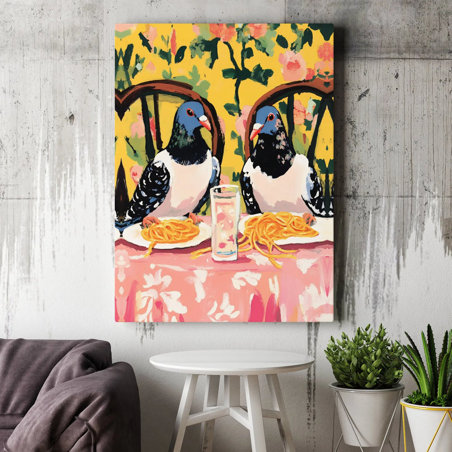 Pigeon Spaghetti Date Night Canvas | Quirky Bird Wall Art | 1.25-Inch Premium Gallery Wrap | Whimsical Kitchen Decor Gift