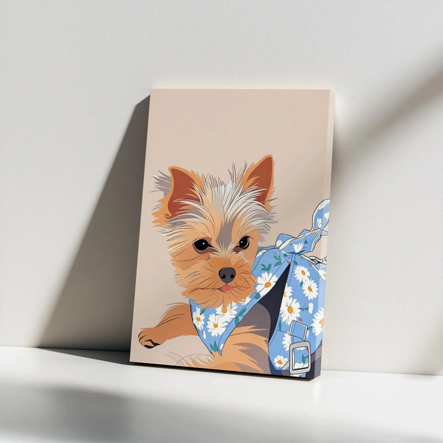 Yorkshire Terrier Canvas Wall Art | Cute Yorkie Dog Portrait with Daisy Bandana | Premium Gallery Wrapped Canvas | Gift for Dog Lover