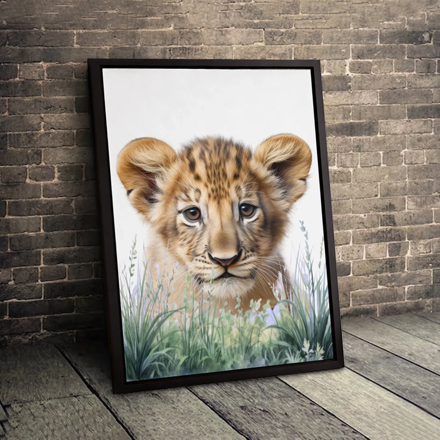 Baby Lion Cub Canvas Wall Art | Watercolor Safari Animal Print | Premium Gallery-Wrapped 1.25" Profile | Nursery Decor or Wildlife Gift