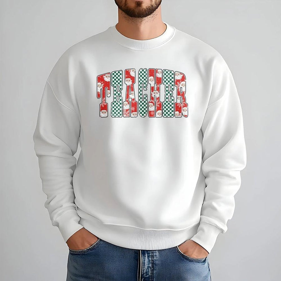 Teacher Christmas Sweatshirt | Santa Claus Checkered Print | Premium Cotton Blend Crewneck | Festive Holiday Gift for Teachers and Educators