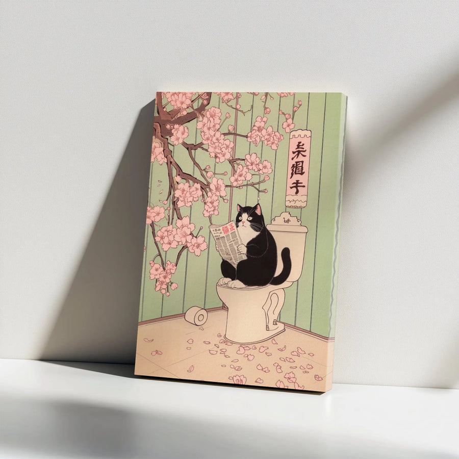 Japanese Cat Wall Art | Ukiyo-e Style Reading On Toilet Print | Premium 1.25" Gallery Wrap Canvas | Funny Bathroom Decor Gift