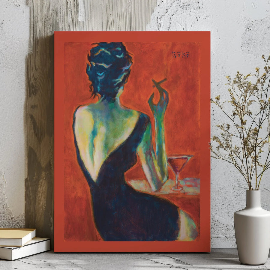 Woman Smoking with Martini Canvas Wall Art | Moody Impressionist Figurative Portrait | Premium Gallery Wrap Print | Sophisticated Bar Decor