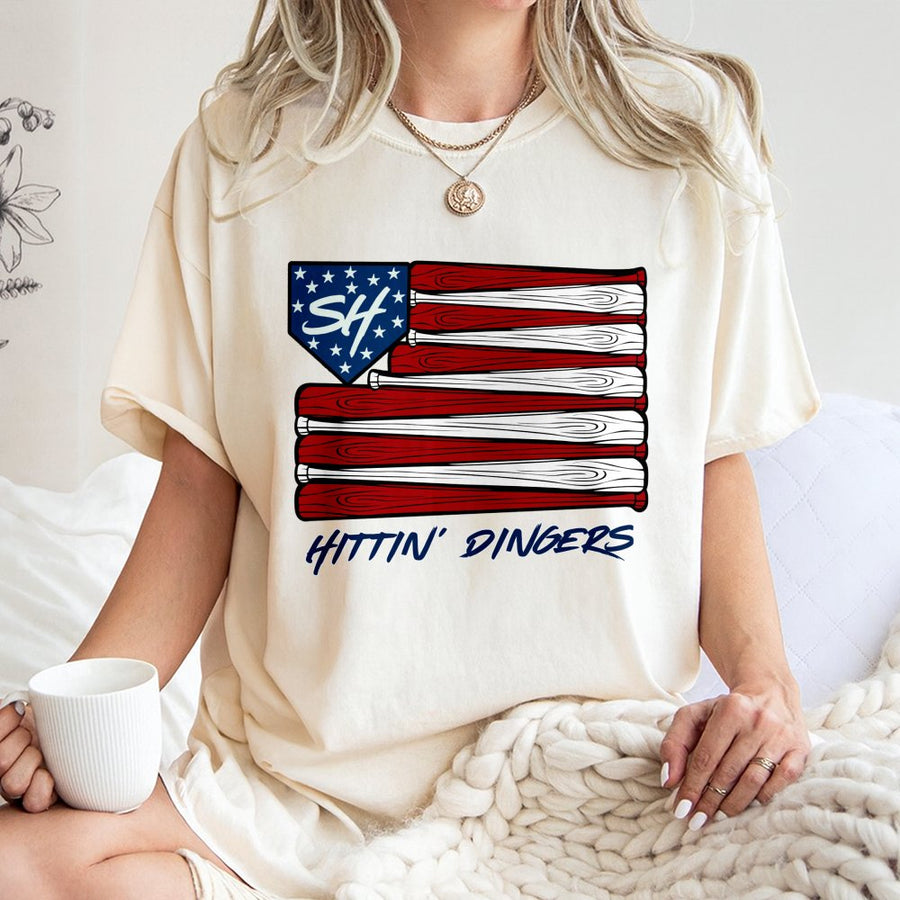 Hittin' Dingers Baseball T-Shirt | USA Flag Bat Graphic Design | Premium 100% Cotton Tee | Gift for Baseball Players and Fans