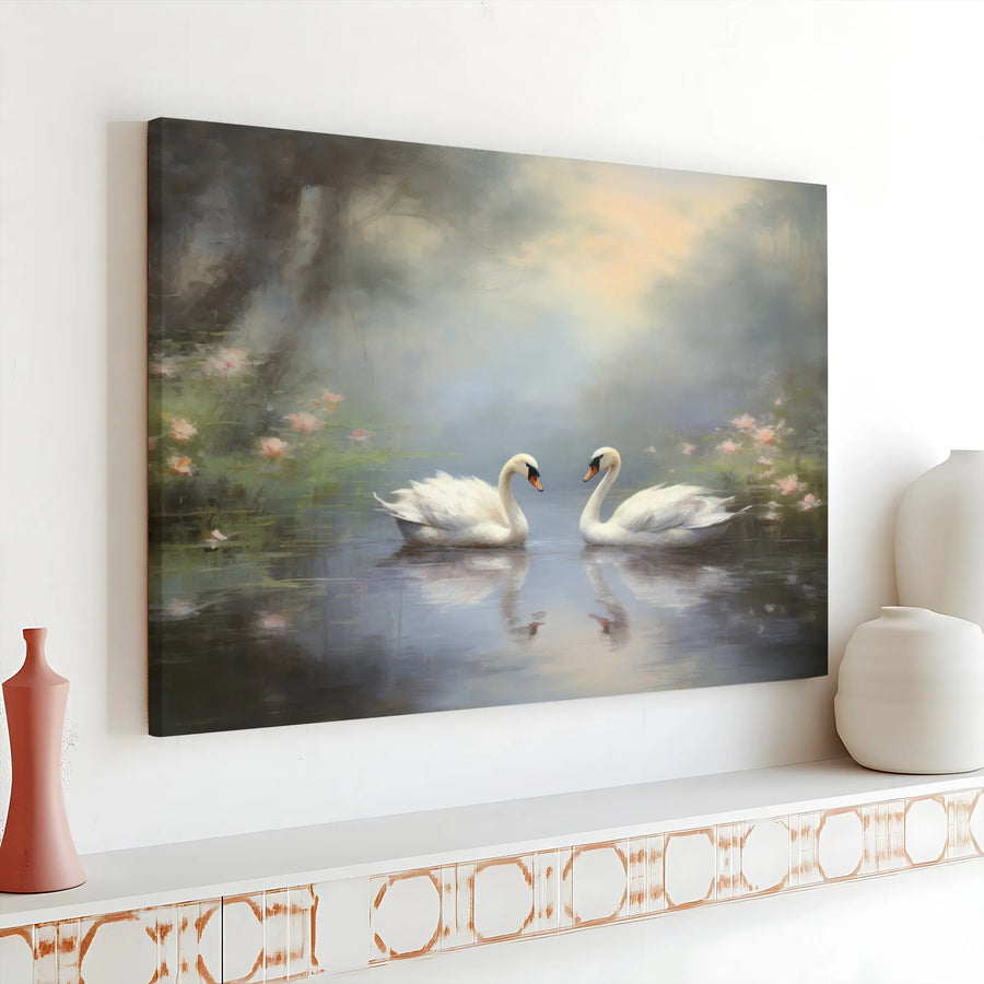 Romantic Swan Canvas Wall Art | Vintage Style Swan Couple Painting | Premium Fade-Resistant Print | Bedroom Wall Decor Gift for Couples