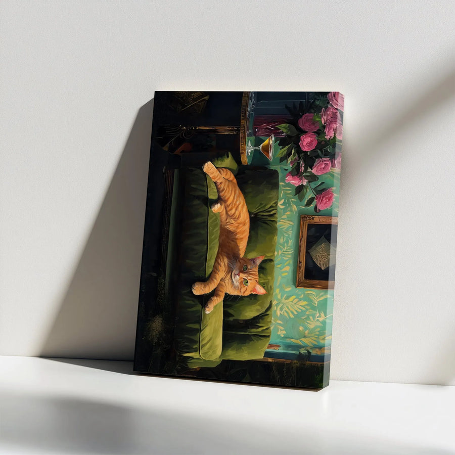 Orange Tabby Cat Canvas Wall Art | Whimsical Ginger Cat on Green Velvet Sofa | Premium Gallery Wrap Print | Aesthetic Living Room Home Decor Gift