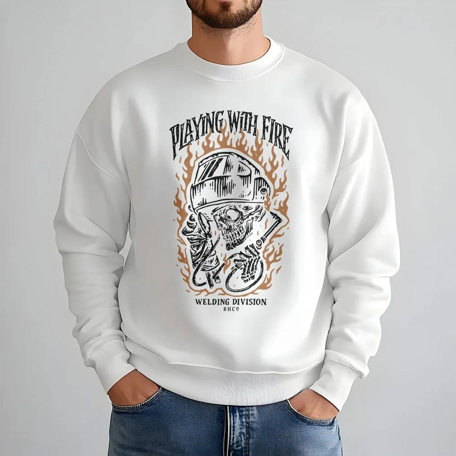 Welding Skull Sweatshirt | Playing With Fire Graphic Print | Premium Cotton Blend | Funny Mechanic Gift for Welder & Metalworker