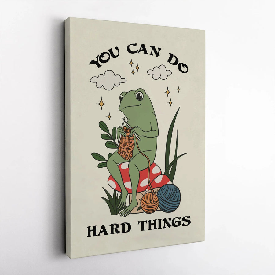 Knitting Frog Canvas Wall Art | You Can Do Hard Things Quote | Premium Cottagecore Aesthetic Decor | Inspirational Gift For Crafters And Knitters