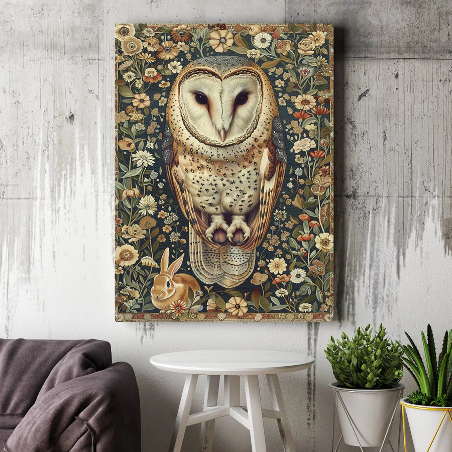 Vintage Owl Canvas Wall Art | Botanical Floral Illustration | 1.25" Thick Gallery Wrap | Dark Academia Home Decor Gift