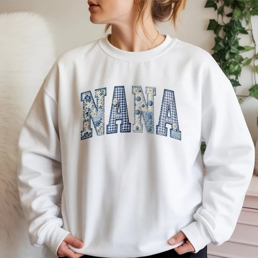 Nana Sweatshirt for Grandma | Blue Toile Patchwork Style Print | Cozy Cotton Blend Pullover | Shabby Chic Easter Gift for Mama Gigi