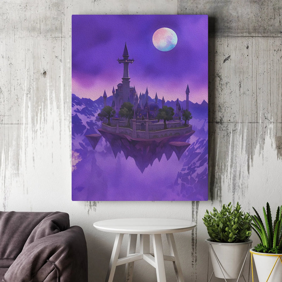 Floating Island Castle Canvas Wall Art | Whimsical Purple Fantasy Landscape | Premium 1.25" Gallery Wrap | Dreamy Bedroom Decor for Fantasy Lovers