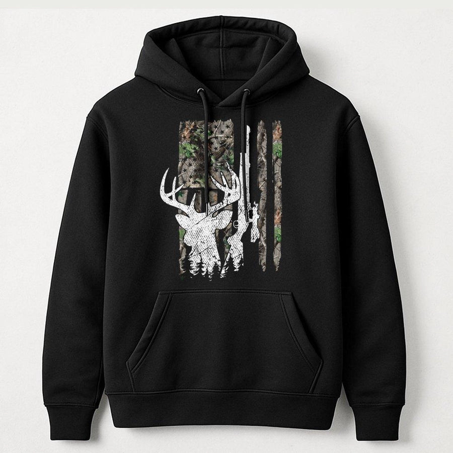 Deer Hunting Hoodie | American Flag Camo Buck Silhouette | Premium Cotton-Poly Blend | Gift for Hunter Outdoor Enthusiast