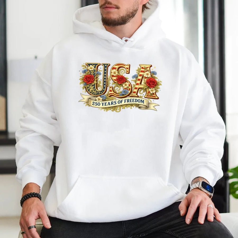 USA 250th Anniversary Hoodie | Vintage Floral USA Flag Design | Soft Cotton Blend Pullover | Patriotic Collector's Gift for Independence Day 2026