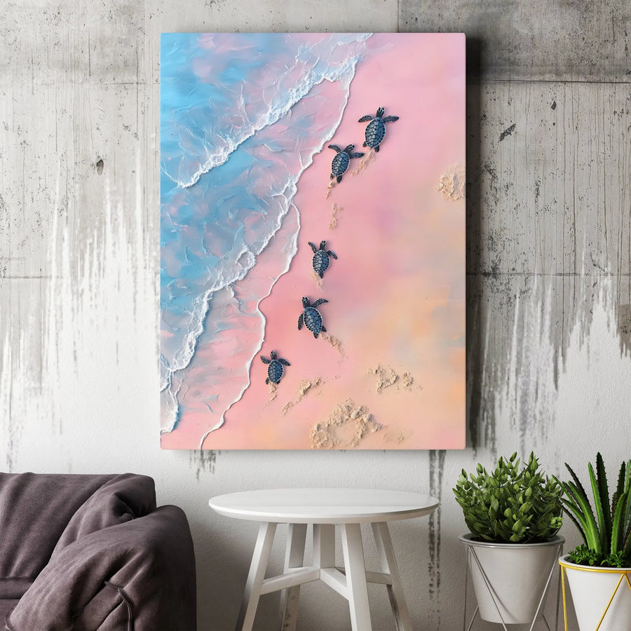Baby Sea Turtles Canvas Art | Pink Beach Ocean Landscape | Premium Fade-Resistant Print | Coastal Wall Decor for Home or Office