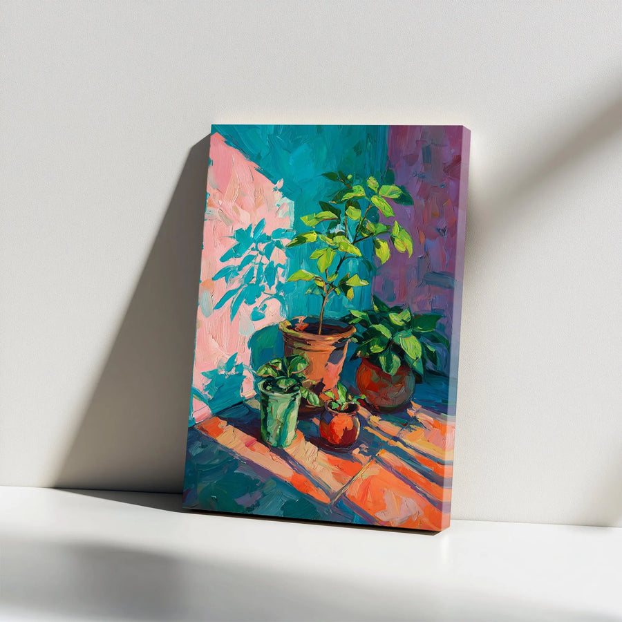 Potted Plants Canvas Wall Art | Vibrant Impressionist Still Life Print | Premium Gallery Wrapped Canvas | Modern Botanical Home Decor Gift