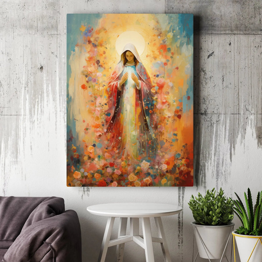 Virgin Mary Canvas Wall Art | Impressionist Floral Portrait | Premium Gallery Wrap Decor | Religious Home Gift for Faithful