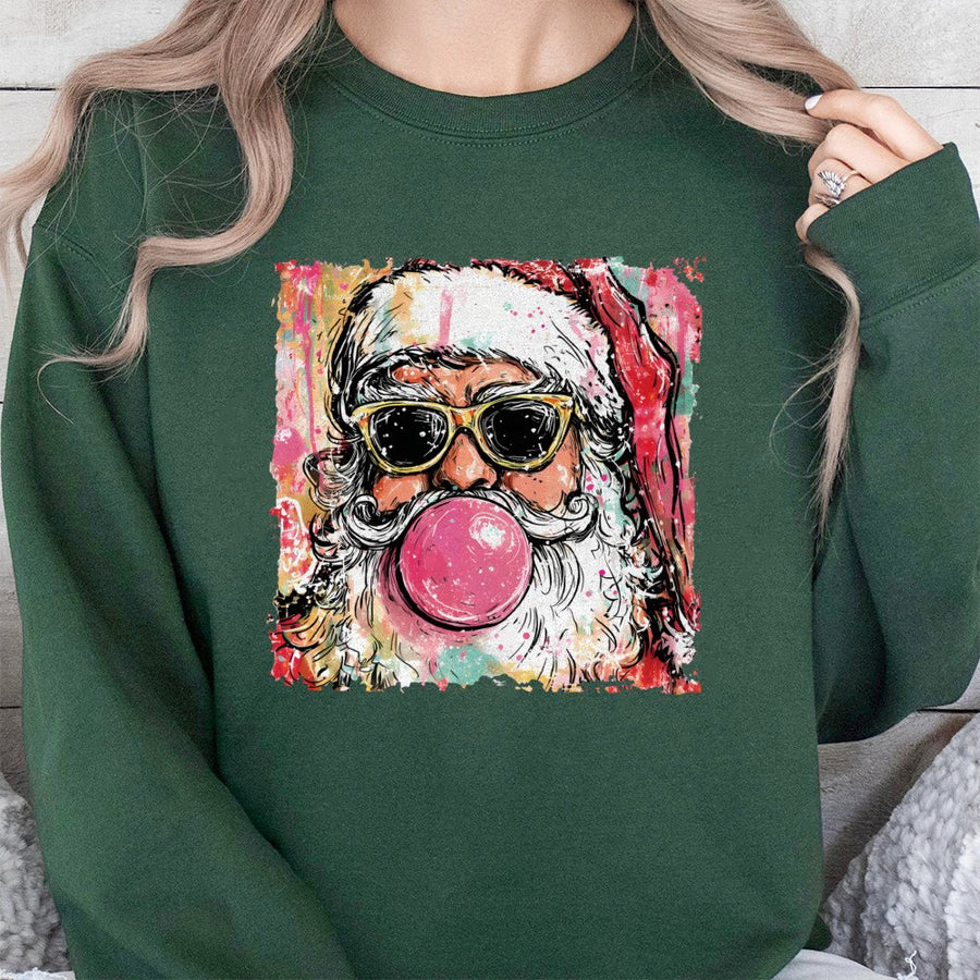 Cool Santa Christmas Sweatshirt | Bubble Gum Graphic Retro Design | Premium Cotton-Poly Blend | Unisex Holiday Gift for Men and Women