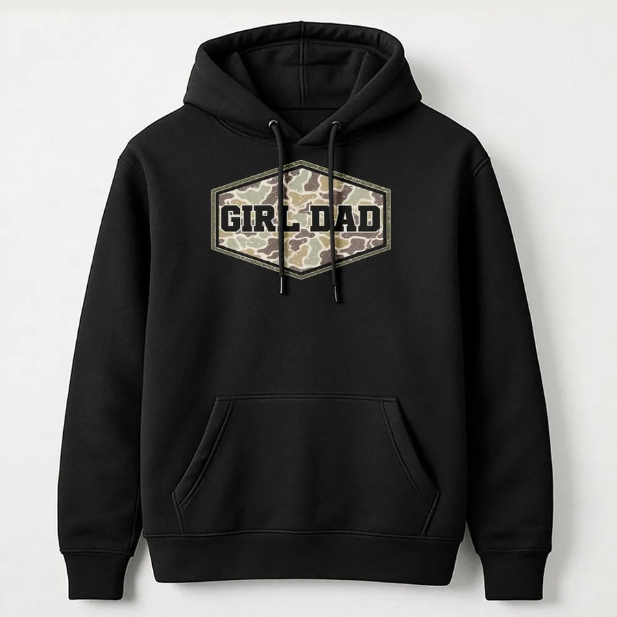 Camo Girl Dad Hoodie | Distressed Hunting Graphic Crewneck | Premium Cotton Blend | Fathers Day Gift for Outdoorsman & Hunter Dad