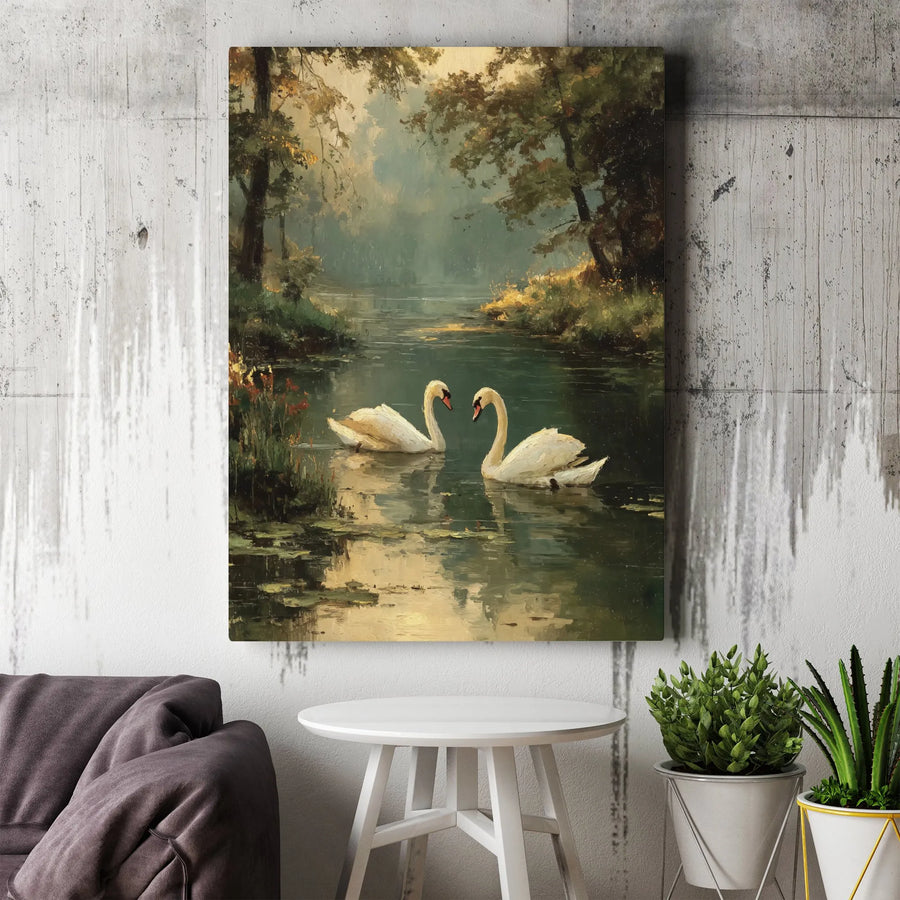 Romantic Swans Canvas Wall Art | Vintage Impressionist Lake Painting | Premium 1.25" Thick Gallery Wrapped Canvas | Serene Nature Home Decor Gift