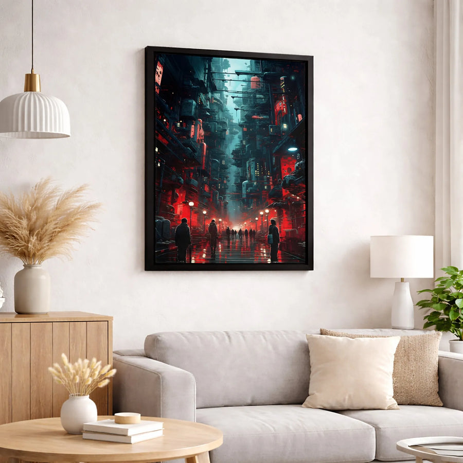 Cyberpunk Cityscape Canvas Art | Futuristic Neon Red Street Scene | Gallery Quality Premium Wall Decor | Urban Sci-Fi Gamer Room Gift