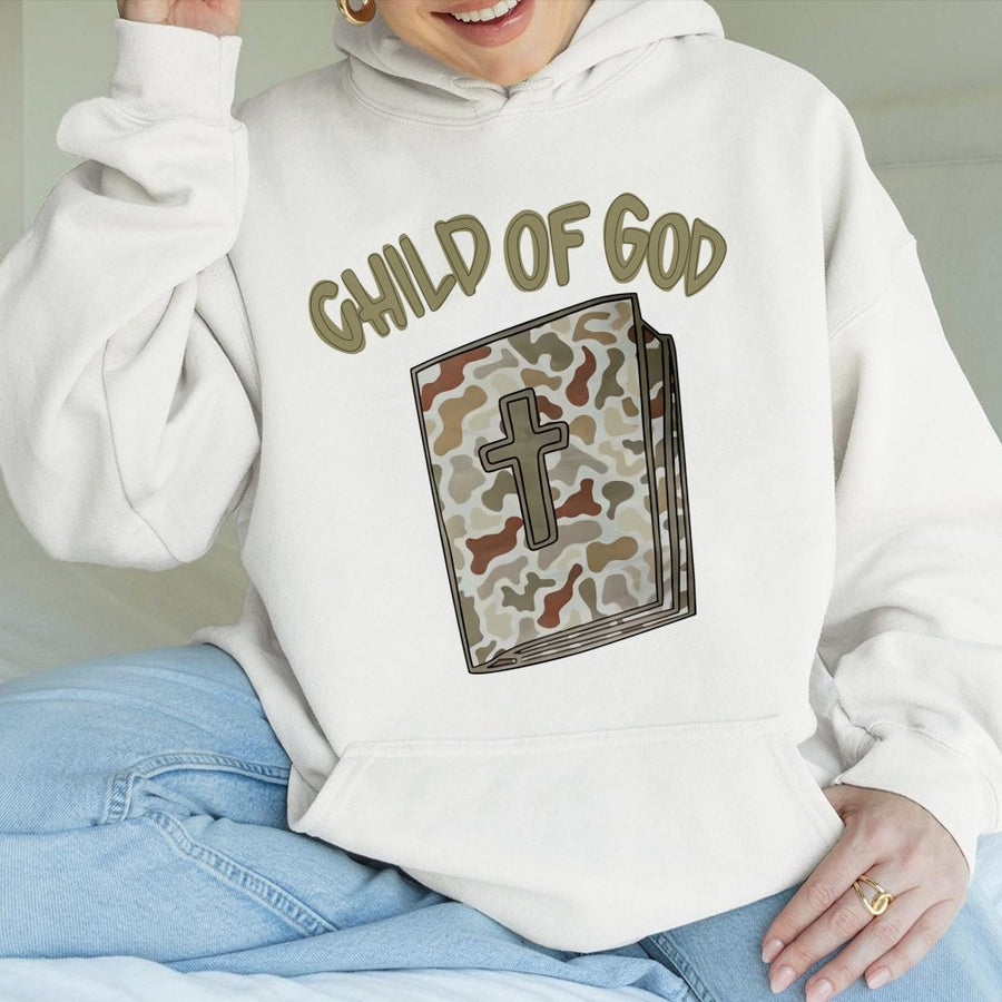 Child Of God Hoodie | Camo Bible Graphic Cross Design | Premium Cotton Blend | Christian Faith Gift Apparel For Women And Men
