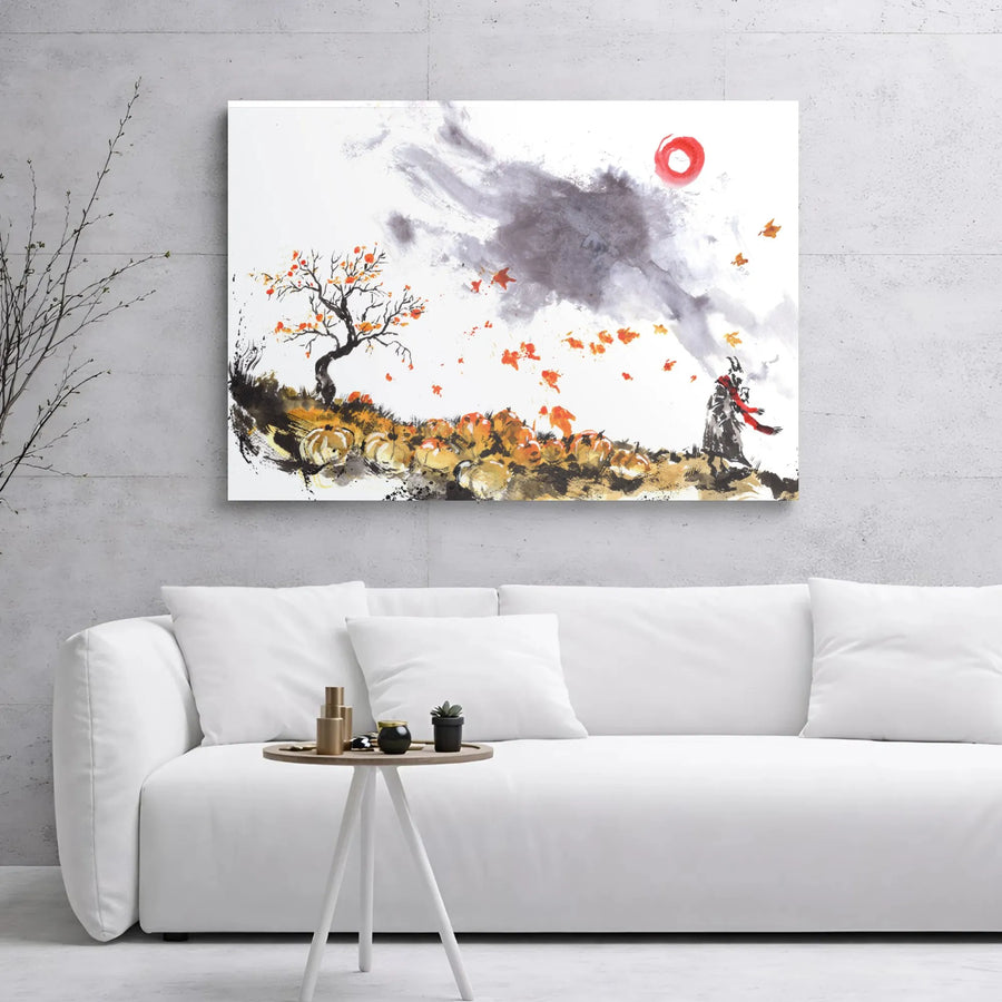 Autumn Pumpkin Patch Canvas Art | Horned Figure Ink Wash Painting | Premium Gallery Wrapped Wall Decor | Atmospheric Fall Seasonal Gift