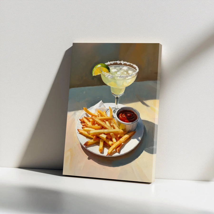 Margarita and Fries Canvas Wall Art | Vibrant Cocktail & Appetizer Painting | Premium Frameless Canvas | Kitchen & Bar Decor Gift