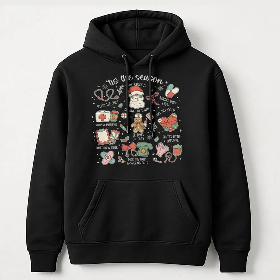 Nurse Christmas Hoodie | Cute Holiday Medical Icons Design | Soft Cotton-Poly Blend | Festive Healthcare Worker Gift For RN LPN CNA