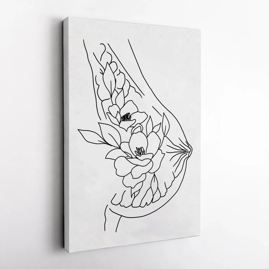 Floral Breast Line Art Canvas | Minimalist Botanical Woman Body Print | Gallery-Quality 1.25 inch Thick Wall Decor | Feminine Aesthetic Home Gift