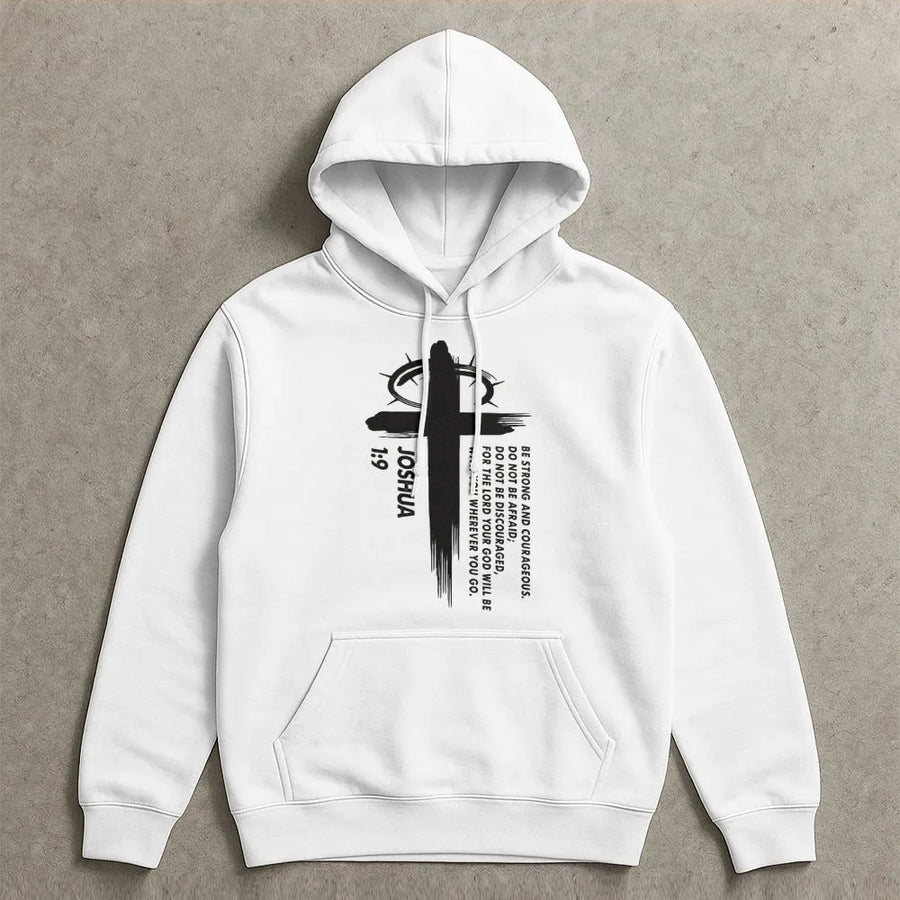 Joshua 1:9 Scripture Hoodie | Christian Cross Faith Design | Premium Cotton Blend | Encouraging Bible Verse Gift for Men and Women