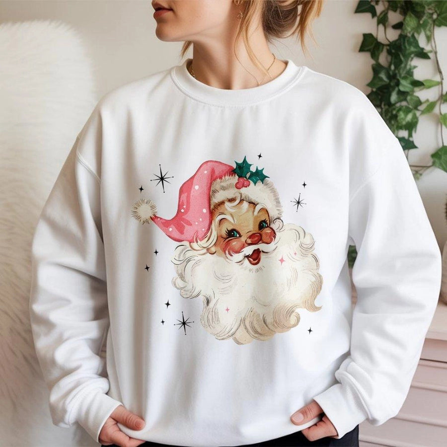 Retro Santa Sweatshirt | Cute Pink Holiday Vintage Design | Premium Cotton Blend Crewneck | Festive Christmas Gift for Women and Men