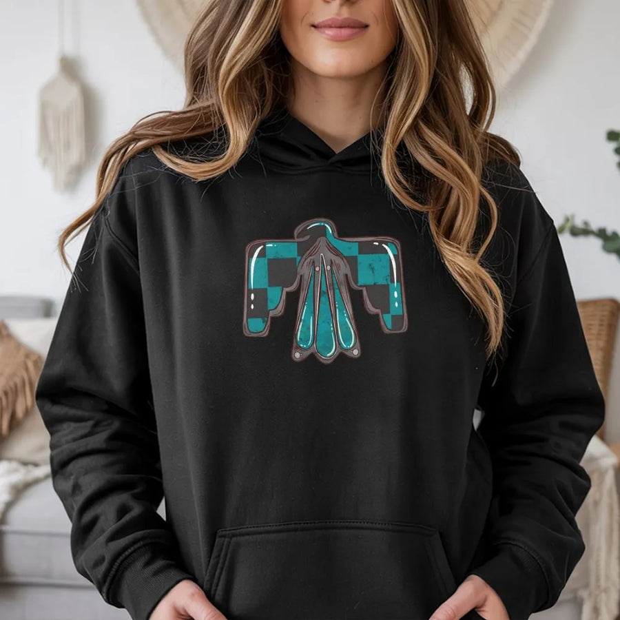 Checkered Thunderbird Hoodie | Western Turquoise Bird Graphic | Premium Cotton Blend | Cowgirl Aesthetic Western Gift for Women