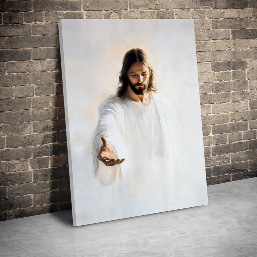 Jesus Christ Canvas Print | Hand Reaching Portrait | 1.25" Premium Gallery Wrapped | Religious Home Decor Wall Art Gift