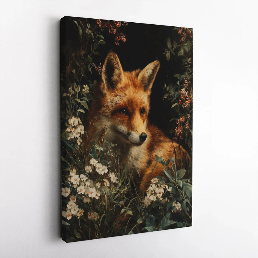 Vintage Fox Portrait Canvas Art | Red Fox in Wildflowers Painting | Premium Gallery Wrap | Cottagecore Home Decor Gift for Nature Lover