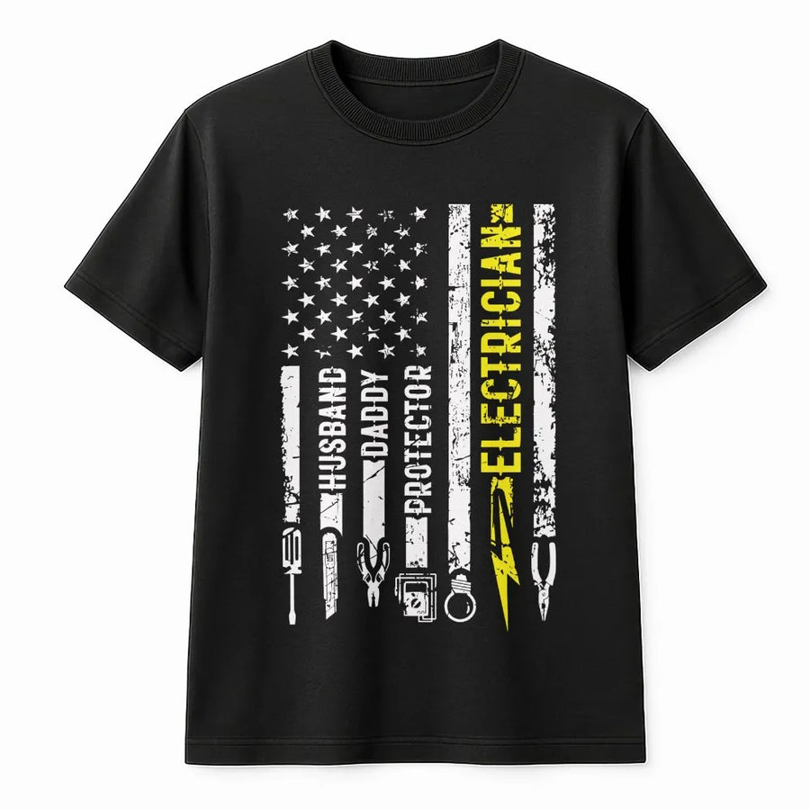 Electrician T-Shirt for Men | American Flag Husband Daddy Protector Design | Premium Cotton-Blend Sweatshirt | Patriotic Gift for Dad