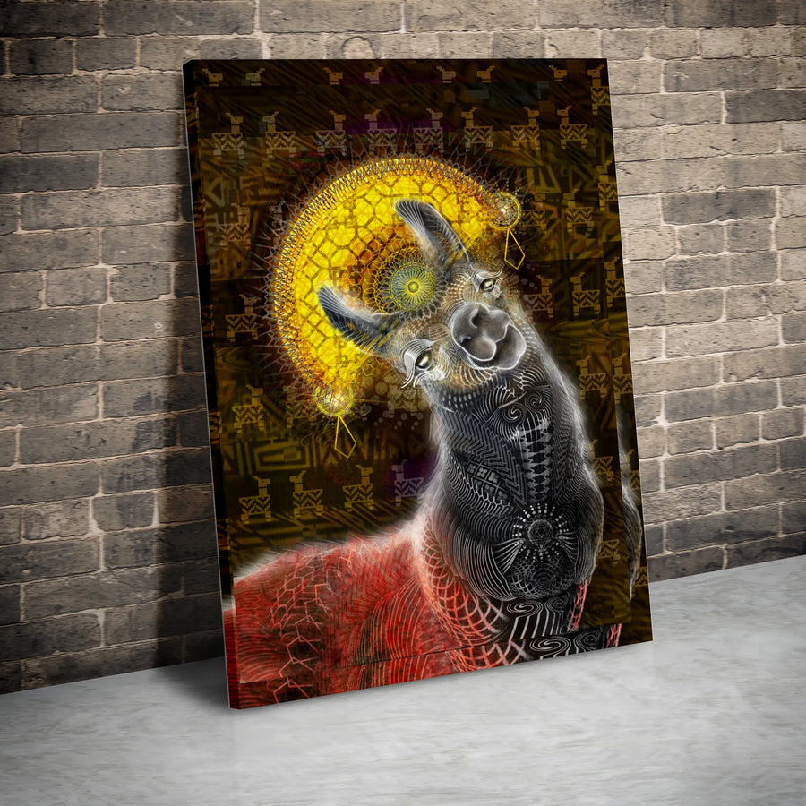 Psychedelic Llama Canvas Wall Art | Sun Mandala Andean Tribal Print | Premium Gallery Wrapped Decor | Spiritual Animal Gift for Home Office